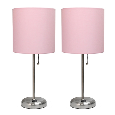 LimeLights 19.5 in. H Stick Lamps with Charging Outlet and Fabric Shade, 2-Pack, Light Pink/Brushed Steel