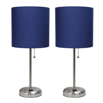 LimeLights 19.5 in. H Stick Lamps with Charging Outlet and Fabric Shade, 2-Pack, Navy/Brushed Steel