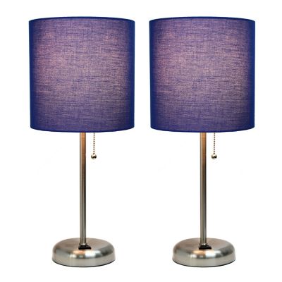 Image showing  19.5 in. H Stick Lamps with Charging Outlet and Fabric Shade, 2-Pack, Navy/Brushed Steel