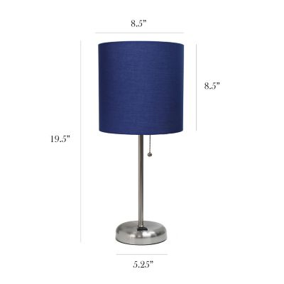 Image showing  19.5 in. H Stick Lamps with Charging Outlet and Fabric Shade, 2-Pack, Navy/Brushed Steel