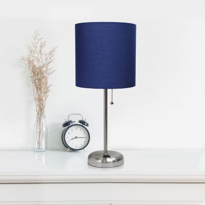 Image showing  19.5 in. H Stick Lamps with Charging Outlet and Fabric Shade, 2-Pack, Navy/Brushed Steel