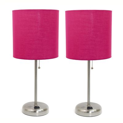 LimeLights 19.5 in. H Stick Lamps with Charging Outlet and Fabric Shade, 2-Pack, Pink/Brushed Steel