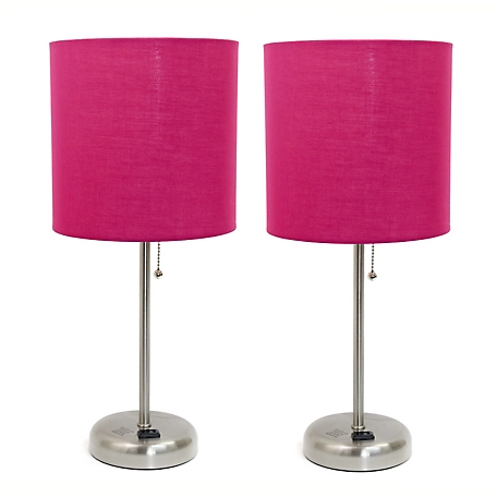 LimeLights 19.5 in. H Stick Lamps with Charging Outlet and Fabric Shade, 2-Pack, Pink/Brushed Steel