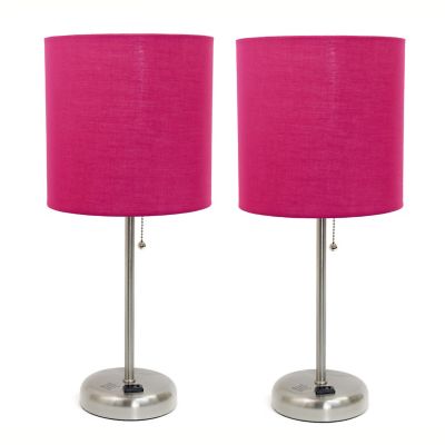 Image showing  19.5 in. H Stick Lamps with Charging Outlet and Fabric Shade, 2-Pack, Pink/Brushed Steel
