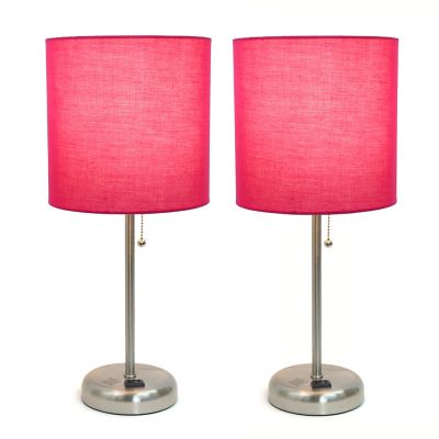 Image showing  19.5 in. H Stick Lamps with Charging Outlet and Fabric Shade, 2-Pack, Pink/Brushed Steel