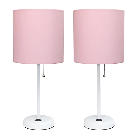 LimeLights 19.5 in. H Stick Lamps with Charging Outlet and Fabric Shade, 2-Pack, Pink/White