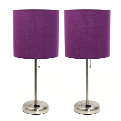 LimeLights 19.5 in. H Stick Lamps with Charging Outlet and Fabric Shade, 2-Pack, Purple/Brushed Steel