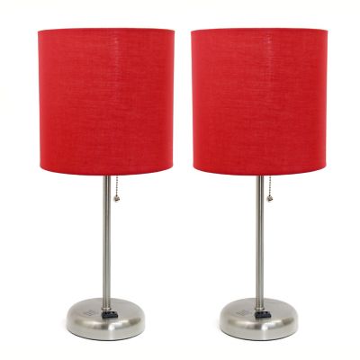 LimeLights 19.5 in. H Stick Lamps with Charging Outlet and Fabric Shade, 2-Pack, Red/Brushed Steel