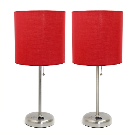 LimeLights 19.5 in. H Stick Lamps with Charging Outlet and Fabric Shade, 2-Pack, Red/Brushed Steel
