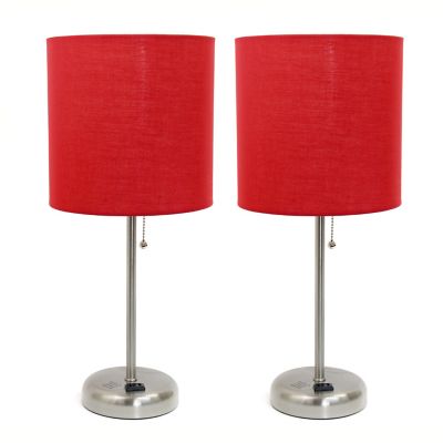 Image showing  19.5 in. H Stick Lamps with Charging Outlet and Fabric Shade, 2-Pack, Red/Brushed Steel