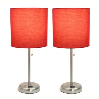 Image showing  19.5 in. H Stick Lamps with Charging Outlet and Fabric Shade, 2-Pack, Red/Brushed Steel