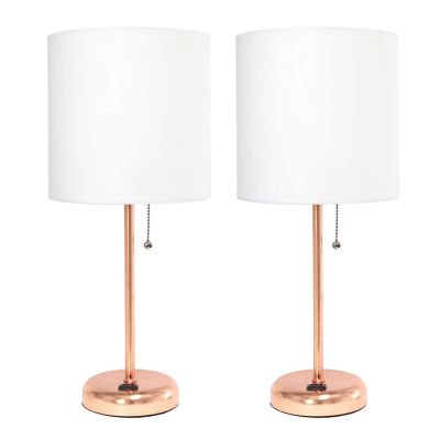 LimeLights 19.5 in. H Stick Lamps with Charging Outlet and Fabric Shade, 2-Pack, White/Rose Gold