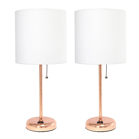 LimeLights 19.5 in. H Stick Lamps with Charging Outlet and Fabric Shade, 2-Pack, White/Rose Gold