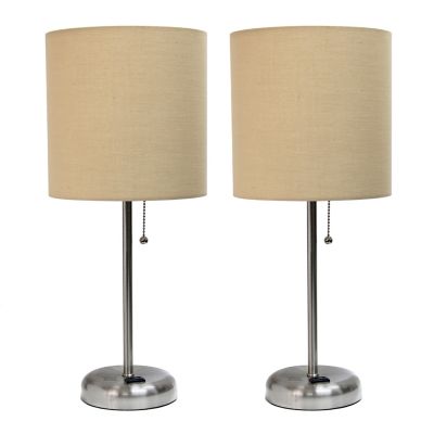 LimeLights 19.5 in. H Stick Lamps with Charging Outlet and Fabric Shade, 2-Pack, Tan/Brushed Steel