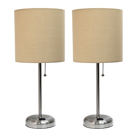 LimeLights 19.5 in. H Stick Lamps with Charging Outlet and Fabric Shade, 2-Pack, Tan/Brushed Steel