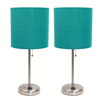 LimeLights 19.5 in. H Stick Lamps with Charging Outlet and Fabric Shade, 2-Pack, Teal/Brushed Steel
