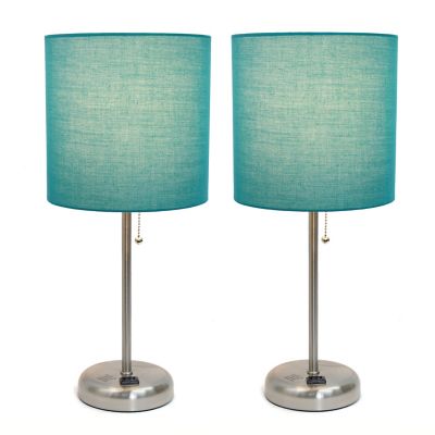 Image showing  19.5 in. H Stick Lamps with Charging Outlet and Fabric Shade, 2-Pack, Teal/Brushed Steel