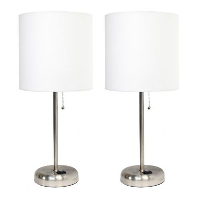 LimeLights 19.5 in. H Stick Lamps with Charging Outlet and Fabric Shade, 2-Pack, White/Brushed Steel