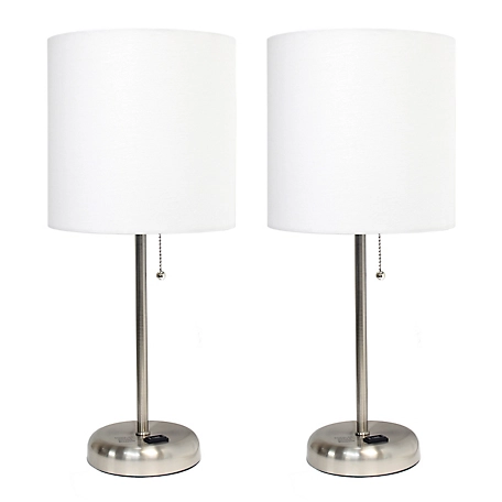 LimeLights 19.5 in. H Stick Lamps with Charging Outlet and Fabric Shade, 2-Pack, White/Brushed Steel