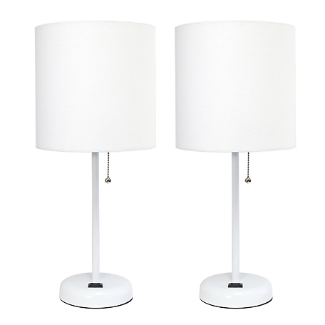 LimeLights 19.5 in. H Stick Lamps with Charging Outlet and Fabric Shade, 2-Pack, White/White