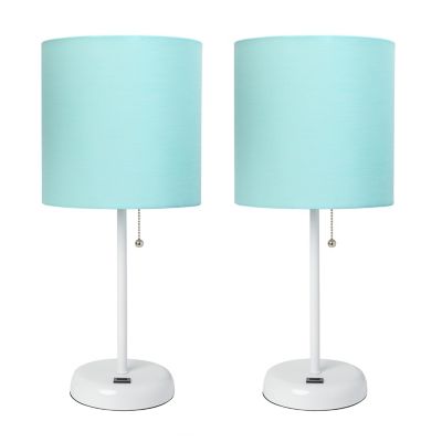 LimeLights 19.5 in. H Stick Lamps with USB Charging Port and Fabric Shade, 2-Pack, Aqua/White