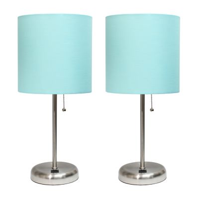 LimeLights 19.5 in. H Stick Lamps with USB Charging Port and Fabric Shade, 2-Pack, Aqua/Brushed Steel