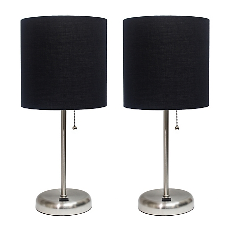 LimeLights 19.5 in. H Stick Lamps with USB Charging Port and Fabric Shade, 2-Pack, Black/Brushed Steel
