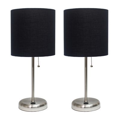 Image showing  19.5 in. H Stick Lamps with USB Charging Port and Fabric Shade, 2-Pack, Black/Brushed Steel
