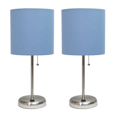 LimeLights 19.5 in. H Stick Lamps with USB Charging Port and Fabric Shade, 2-Pack, Blue/Brushed Steel