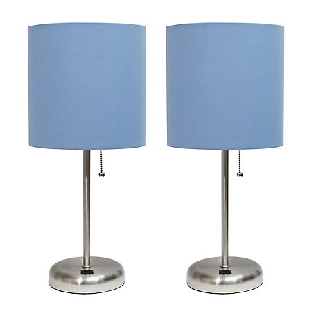 LimeLights 19.5 in. H Stick Lamps with USB Charging Port and Fabric Shade, 2-Pack, Blue/Brushed Steel