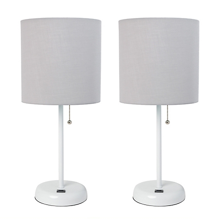 LimeLights 19.5 in. H Stick Lamps with USB Charging Port and Fabric Shade, 2-Pack, Gray/White