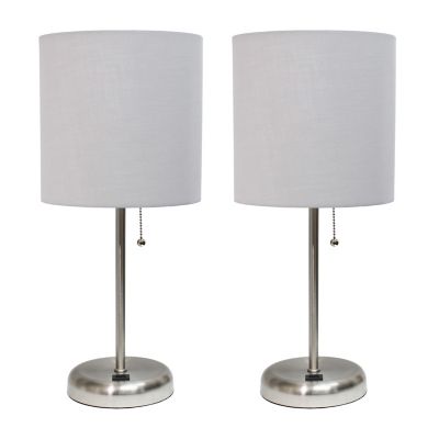 LimeLights 19.5 in. H Stick Lamps with USB Charging Port and Fabric Shade, 2-Pack, Gray/Brushed Steel