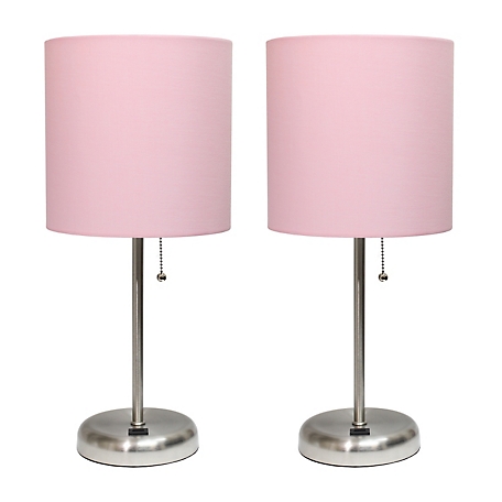 LimeLights 19.5 in. H Stick Lamps with USB Charging Port and Fabric Shade, 2-Pack, Light Pink/Brushed Steel