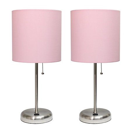 LimeLights 19.5 in. H Stick Lamps with USB Charging Port and Fabric Shade, 2-Pack, Light Pink/Brushed Steel