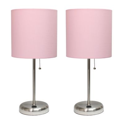 Image showing  19.5 in. H Stick Lamps with USB Charging Port and Fabric Shade, 2-Pack, Light Pink/Brushed Steel