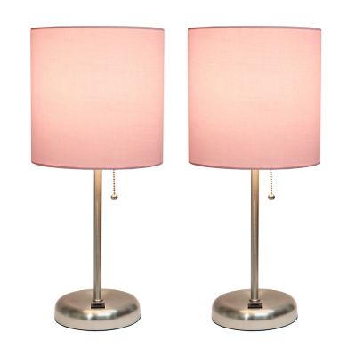 Image showing  19.5 in. H Stick Lamps with USB Charging Port and Fabric Shade, 2-Pack, Light Pink/Brushed Steel