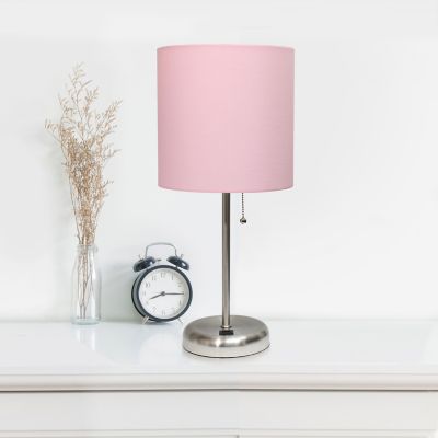 Image showing  19.5 in. H Stick Lamps with USB Charging Port and Fabric Shade, 2-Pack, Light Pink/Brushed Steel