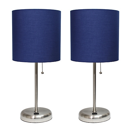 LimeLights 19.5 in. H Stick Lamps with USB Charging Port and Fabric Shade, 2-Pack, Navy/Brushed Steel