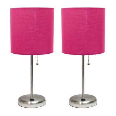 LimeLights 19.5 in. H Stick Lamps with USB Charging Port and Fabric Shade, 2-Pack, Pink/Brushed Steel
