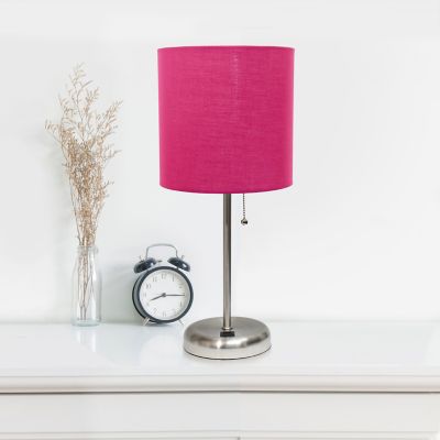 Image showing  19.5 in. H Stick Lamps with USB Charging Port and Fabric Shade, 2-Pack, Pink/Brushed Steel