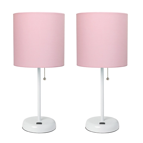 LimeLights 19.5 in. H Stick Lamps with USB Charging Port and Fabric Shade, 2-Pack, Light Pink/White
