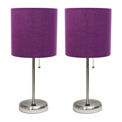 LimeLights 19.5 in. H Stick Lamps with USB Charging Port and Fabric Shade, 2-Pack, Purple/Brushed Steel