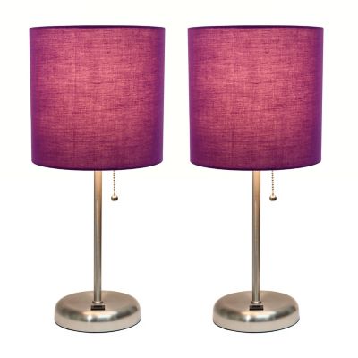 Image showing  19.5 in. H Stick Lamps with USB Charging Port and Fabric Shade, 2-Pack, Purple/Brushed Steel