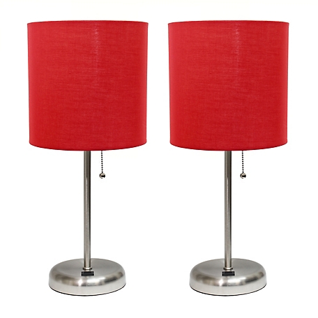 LimeLights 19.5 in. H Stick Lamps with USB Charging Port and Fabric Shade, 2-Pack, Red/Brushed Steel