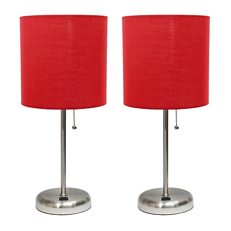 LimeLights 19.5 in. H Stick Lamps with USB Charging Port and Fabric Shade, 2-Pack, Red/Brushed Steel