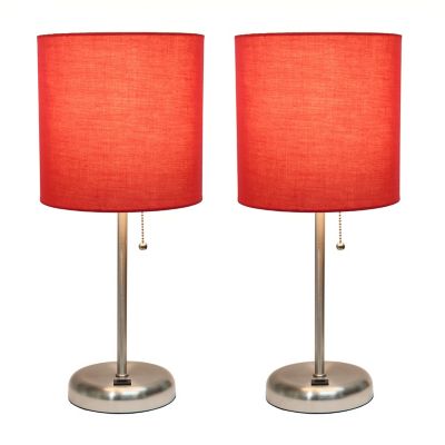 Image showing  19.5 in. H Stick Lamps with USB Charging Port and Fabric Shade, 2-Pack, Red/Brushed Steel