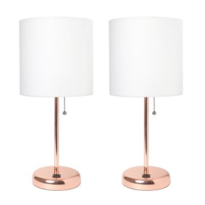 LimeLights 19.5 in. H Stick Lamps with USB Charging Port and Fabric Shade, 2-Pack, White/Rose Gold