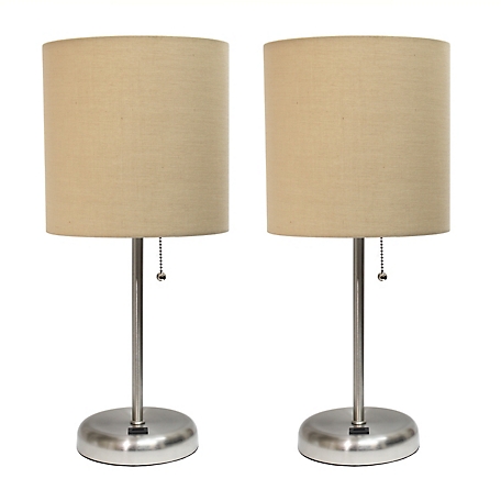LimeLights 19.5 in. H Stick Lamps with USB Charging Port and Fabric Shade, 2-Pack, Tan/Brushed Steel