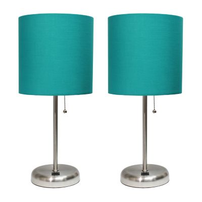 LimeLights 19.5 in. H Stick Lamps with USB Charging Port and Fabric Shade, 2-Pack, Teal/Brushed Steel