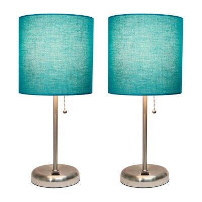 Image showing  19.5 in. H Stick Lamps with USB Charging Port and Fabric Shade, 2-Pack, Teal/Brushed Steel